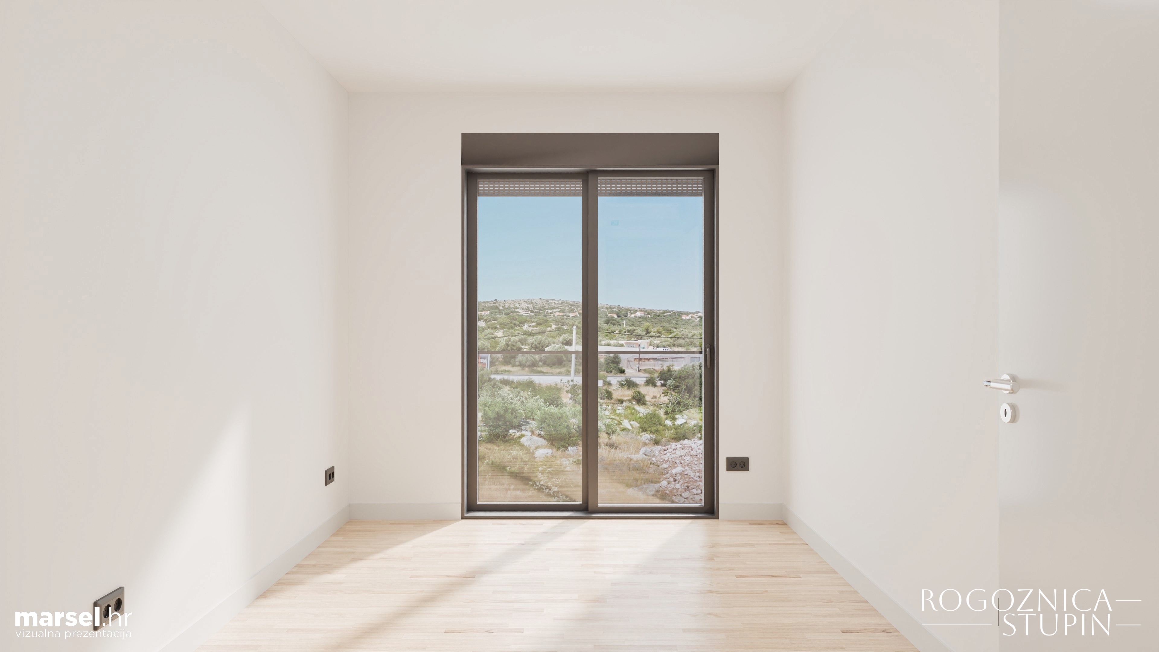 Vizualizacija interijera apartmana u novogradnji Rogoznica Stupin. Prostrani i svijetli unutarnji prostori s pogledom na more, idealni za stanovanje ili investiranje u apartman na dalmatinskoj obali.